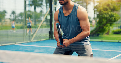 Buy stock photo Padel, hands and man with training, racket and fitness with wellness, technique and sports game. Tennis court, healthy person or player with practice, exercise or competition with challenge or cardio