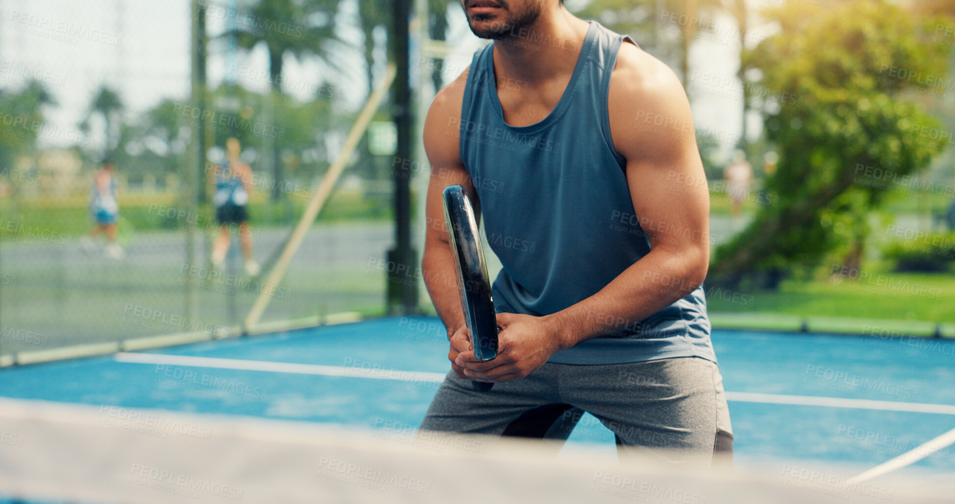 Buy stock photo Padel, hands and man with training, racket and fitness with wellness, technique and sports game. Tennis court, healthy person or player with practice, exercise or competition with challenge or cardio
