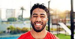Happy, sports and portrait of man on court for game, tournament and competition outdoor. Tennis, athlete and person with smile for training, exercise and workout for challenge, practice and fitness
