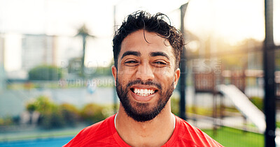 Buy stock photo Happy, sports and portrait of man on court for game, tournament and competition outdoor. Tennis, athlete and person with smile for training, exercise and workout for challenge, practice and fitness