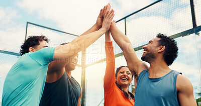 Buy stock photo People, team and high five for padel, sports and excited for celebration, success or low angle for game. Men, woman and happy for support, training or achievement with contest on tennis court at club