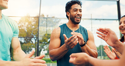 Buy stock photo Man, applause and team with celebration at tennis court, fitness and excited for achievement, smile and goal. People, athlete and group with clapping hands for support, success or happy at sport club