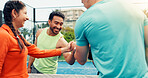 Smile, teamwork and fist bump with people on court for support, tournament and fitness. Tennis player, training and bonding with friends, partner and challenge for competition and sport workout