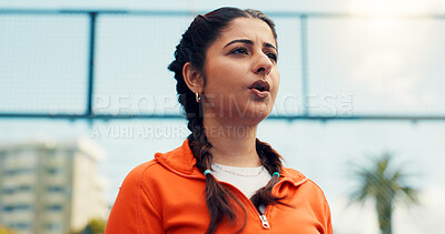 Buy stock photo Thinking, athlete woman and breath on tennis court for fitness, match practice and exercise fatigue. Thoughts, person and tired from padel game, sports training and recovery break from tournament