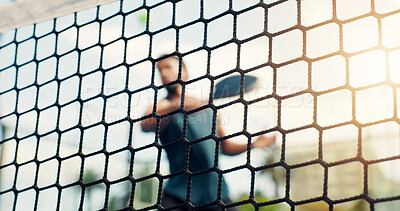 Buy stock photo Net, padel and man with training, match and serve with competition, contest and fitness. Tennis player, outdoor and healthy person with wellness, technique and sports game with workout and facility