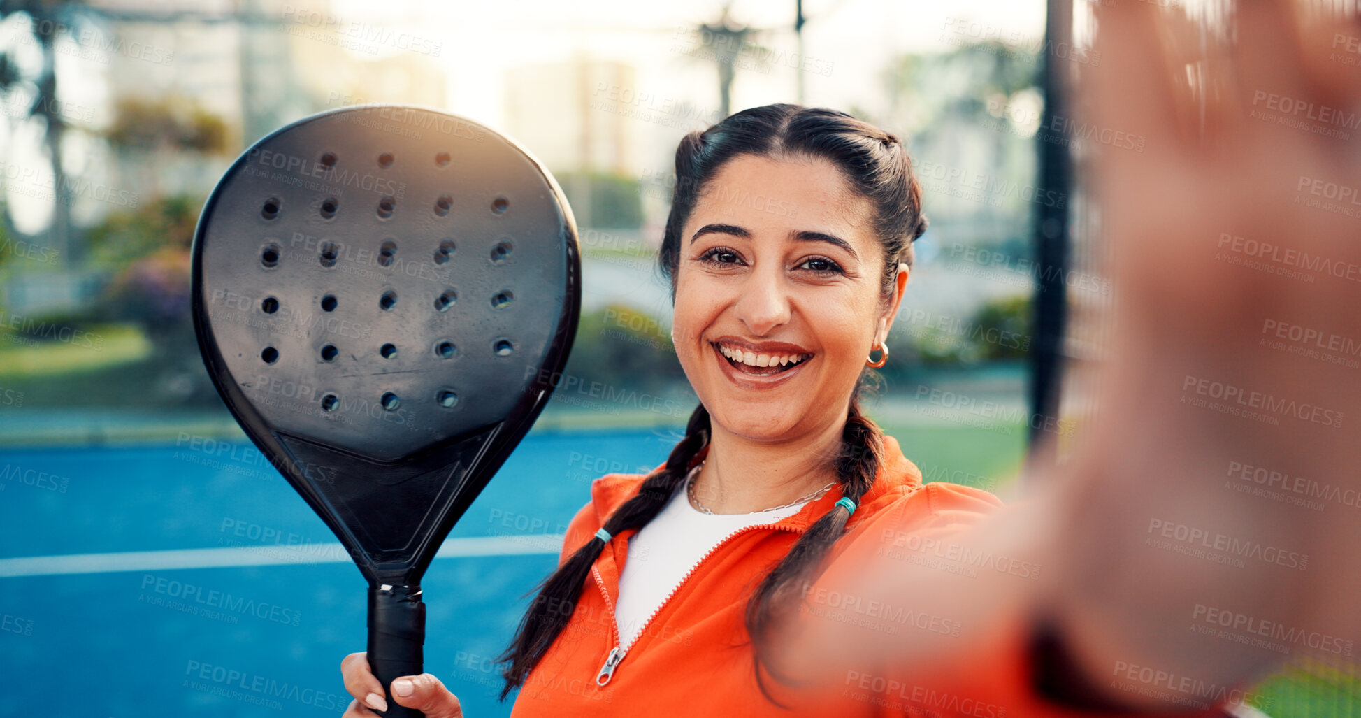 Buy stock photo Padel, sports and selfie of woman on court for game, tournament and social media post outdoor. Tennis, athlete and person with photo, portrait and memory for training, exercise or workout for fitness