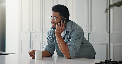 Buy stock photo Phone call, happy and freelancer with man in kitchen for communication, project update and editor feedback. Contact, discussion and remote worker person in home for reporter fact check and network