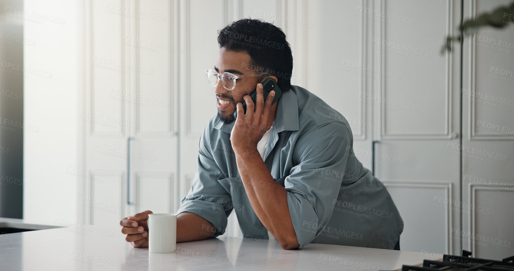 Buy stock photo Phone call, happy and freelancer with man in kitchen for communication, project update and editor feedback. Contact, discussion and remote worker person in home for reporter fact check and network