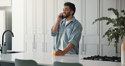 Buy stock photo Phone call, smile and freelancer with man in kitchen for communication, project update and editor feedback. Contact, discussion and remote worker or person in home for reporter fact check and network