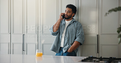 Buy stock photo Man, student and relax with phone call at house for discussion, study schedule and feedback. Male person, mobile and juice to contact college for enrolment, education consultation and admission chat