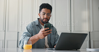 Buy stock photo Remote work from home, laptop and man with cellphone, internet and online reading with copywriting. Apartment, person and writer with pc, smartphone and message to contact, app and email notification