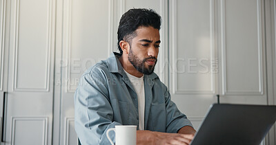 Buy stock photo Freelancer, online and man with laptop, home or research for ebook marketing on social media or web. Typing, newsletter and self publisher with tech for campaign, brand awareness and novel promotion