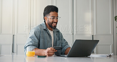 Buy stock photo Happy, man and laptop with credit card in home for online shopping, easy transaction and payment. Ecommerce, person and smile with banking app for debit purchase, virtual checkout and discount offer
