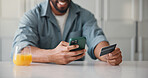 Man, hands or credit card in home with phone, payment or Black Friday discount for online shopping. Person, typing and fintech in apartment with tech, bank transaction and eft purchase for ecommerce.