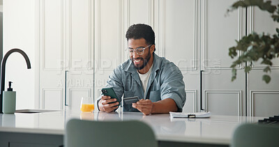 Buy stock photo Happy, man and phone with credit card in kitchen for online shopping, easy transaction and payment. Ecommerce, person or smile with banking app in home for debit purchase, virtual checkout or fintech