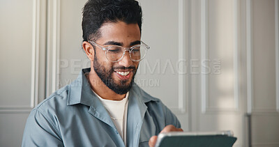 Buy stock photo Home, tablet and man with smile, internet and social media with communication. Apartment, tech and person with happiness, email notification and connection with network, online reading and texting