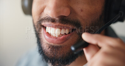 Buy stock photo Mouth, closeup or man in office with headset, contact us or communication in customer service. Smile, telecom or operator in agency with tech, virtual advisory or support in client assistance.