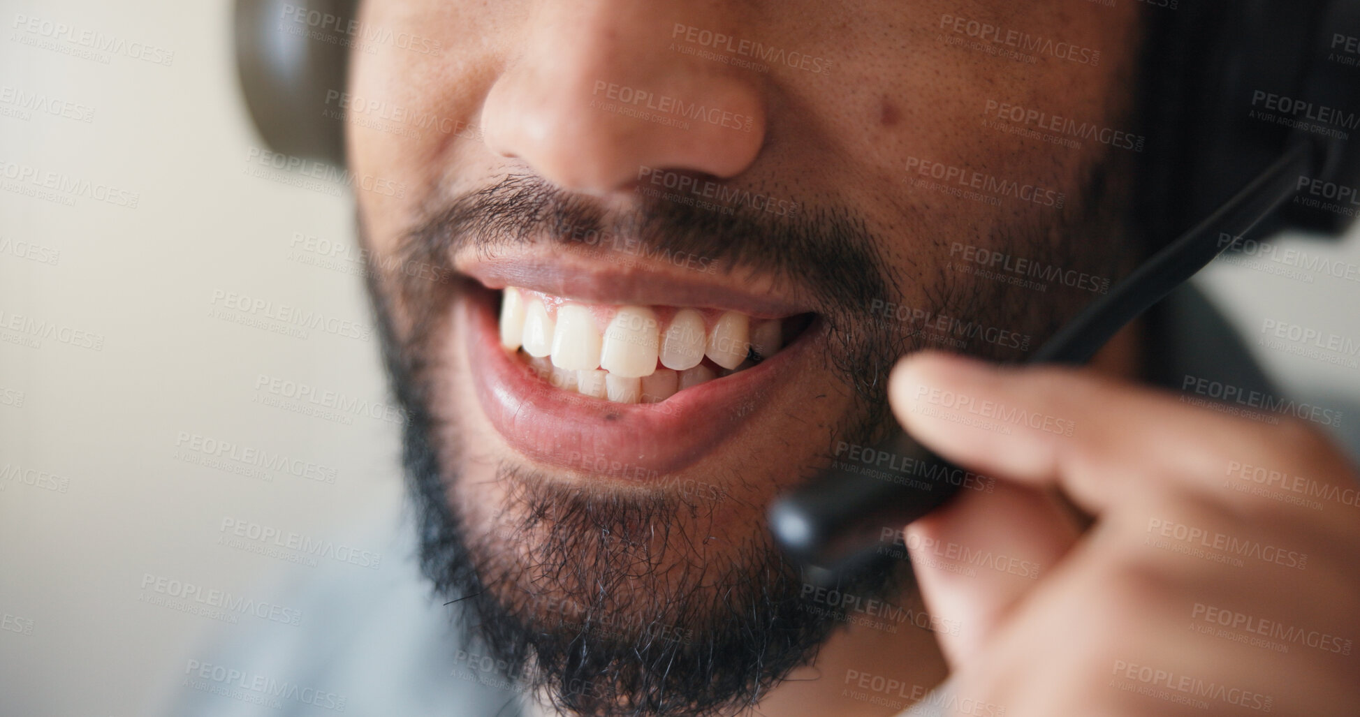 Buy stock photo Mouth, closeup or man in office with headset, contact us or communication in customer service. Smile, telecom or operator in agency with tech, virtual advisory or support in client assistance.