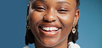 Portrait, black woman and smile for dental in studio for teeth whitening, oral care and hygiene. Banner, female person and happy with fresh breath, invisalign and veneers results on blue background
