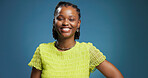 Happy, black woman and portrait with fashion in studio for style on a blue background. Face, female person or model with smile, jewelry or clothing for stylish outfit, accessories on mockup space
