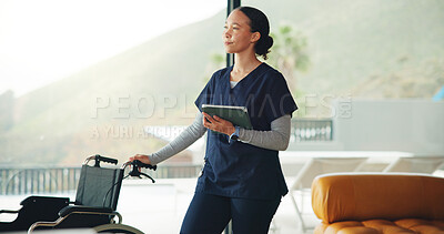 Buy stock photo Tablet, thinking and wheelchair with nurse woman in home for healthcare or medical assistance. App, medicare and wellness with thoughtful caregiver in apartment for assisted living or homecare