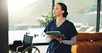 Planning, tablet and thinking with nurse woman in home for healthcare or medical assistance. App, vision and wheelchair with caregiver in apartment for assisted living, homecare or medicare support
