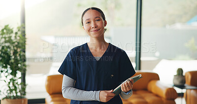 Buy stock photo Healthcare, portrait and tablet with nurse woman in home for homecare or medical assistance. About us, app and medicare with happy caregiver in apartment for assisted living or wellness support