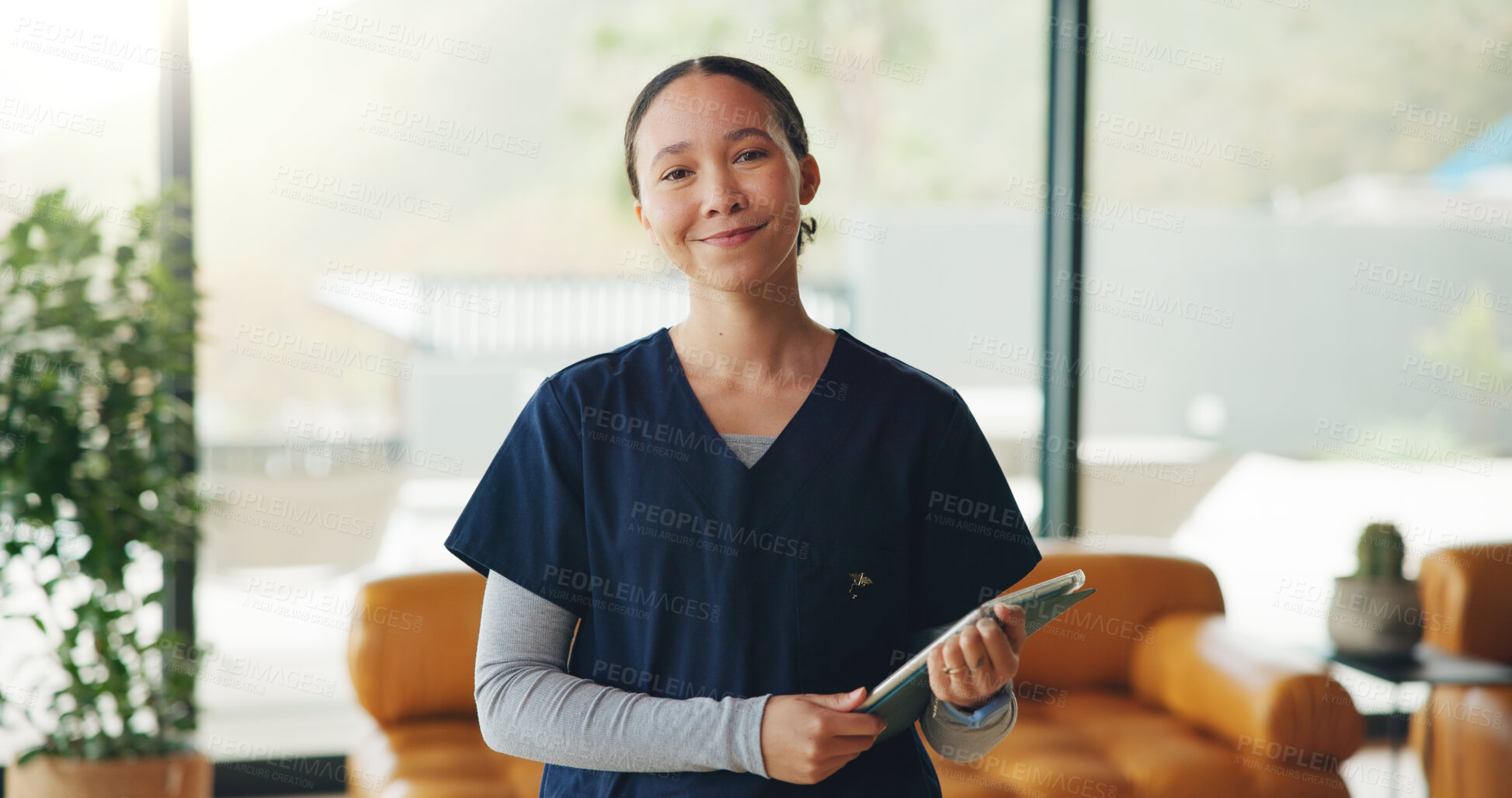 Buy stock photo Healthcare, portrait and tablet with nurse woman in home for homecare or medical assistance. About us, app and medicare with happy caregiver in apartment for assisted living or wellness support
