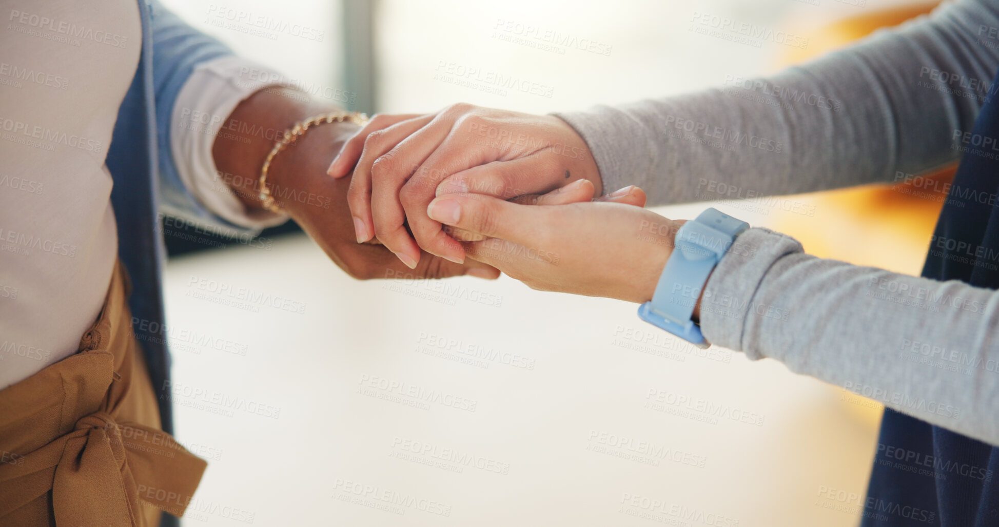 Buy stock photo Caregiver, senior woman and holding hands for support, wellness and comfort for kindness in home. Trust, elderly person and nurse together for homecare, empathy and medical healthcare in retirement