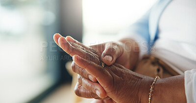 Buy stock photo Old woman, hands and ring in home with nostalgia for marriage, remember relationship and memory. Lonely, senior person and wedding band in house for reflection, promise symbol or reminder of partner.
