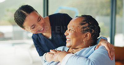Buy stock photo Hug, caregiver and old woman in nursing home with smile, wellness checkup and trust in healthcare. Happy, nurse or elderly person in retirement center with embrace for compassion, support or bonding.
