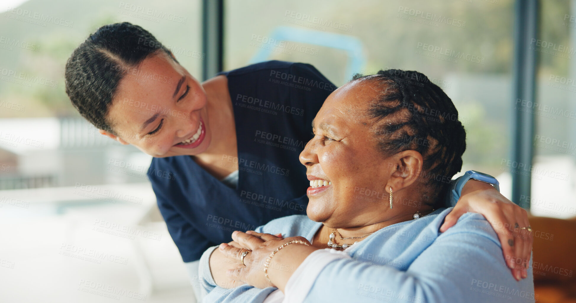 Buy stock photo Hug, caregiver and old woman in nursing home with smile, wellness checkup and trust in healthcare. Happy, nurse or elderly person in retirement center with embrace for compassion, support or bonding.