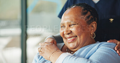 Buy stock photo Shoulder touch, caregiver and old woman in home with smile, support and trust in assisted living care. Happiness, respect and nurse in house with compassion, help and empathy for retired patient.