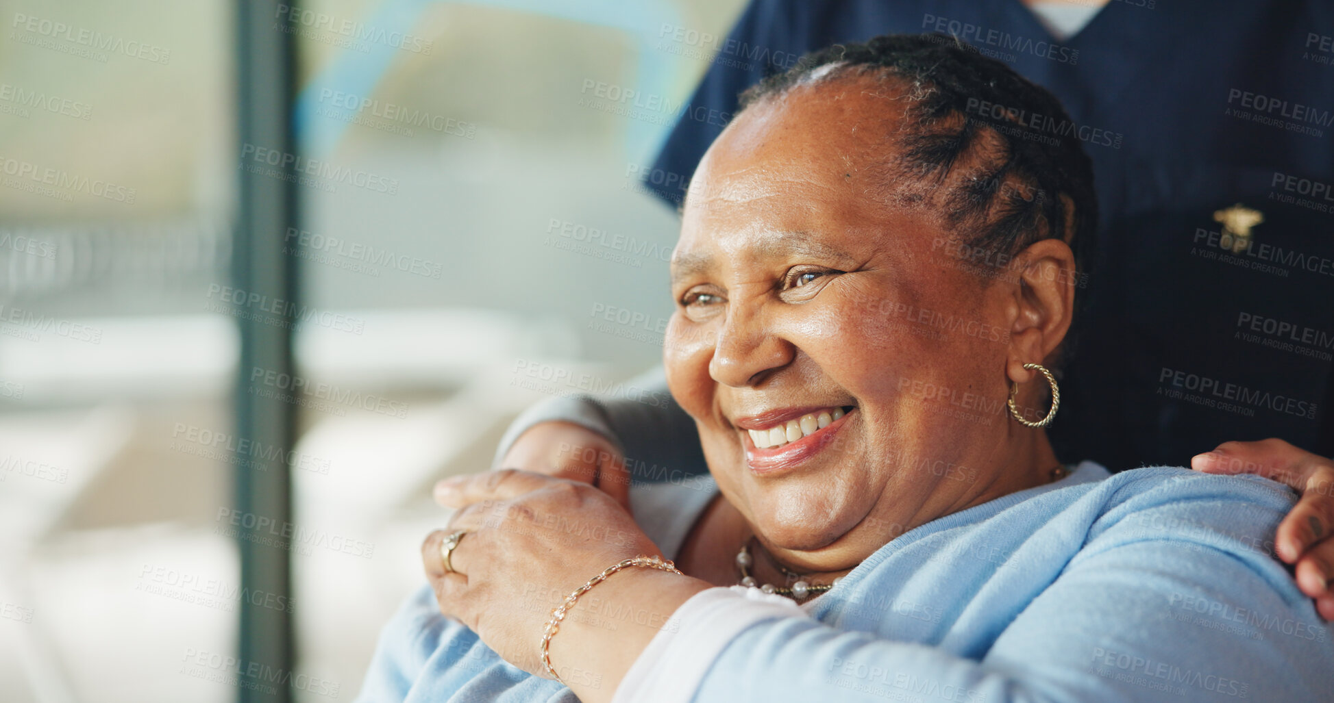 Buy stock photo Shoulder touch, caregiver and old woman in home with smile, support and trust in assisted living care. Happiness, respect and nurse in house with compassion, help and empathy for retired patient.