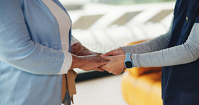 Buy stock photo Nurse, senior woman and holding hands for support, wellness and comfort for kindness in home. Trust, elderly person and caregiver together for homecare, assisted living and medical healthcare