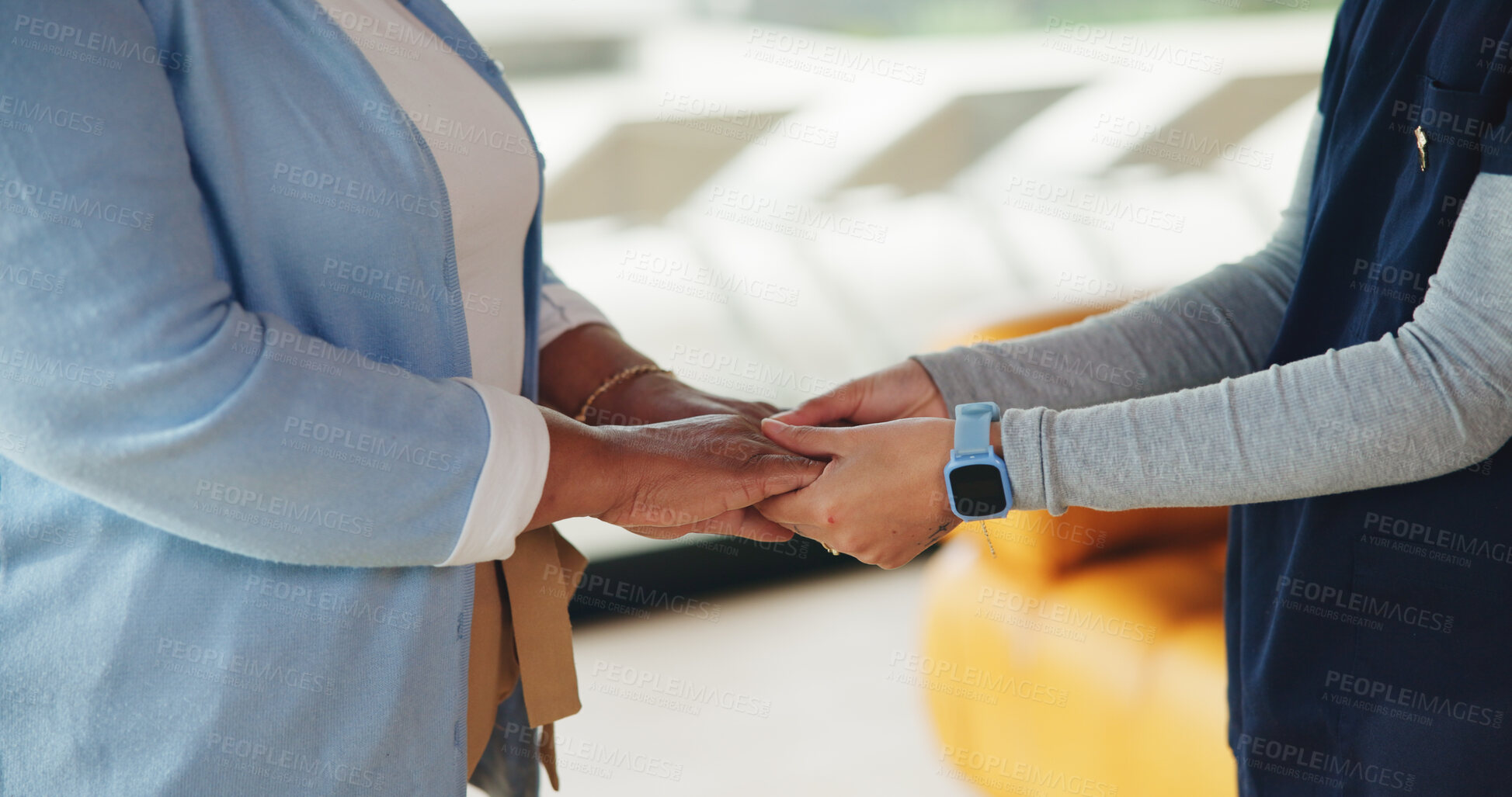 Buy stock photo Nurse, senior woman and holding hands for support, wellness and comfort for kindness in home. Trust, elderly person and caregiver together for homecare, assisted living and medical healthcare
