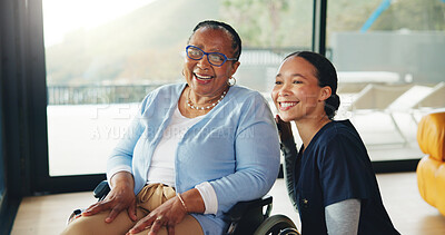 Buy stock photo Support, nurse and old woman in home with wheelchair, assistance and trust in disability care. Happy, healthcare and caregiver in living room with mobility aid, help and empathy for retired patient.