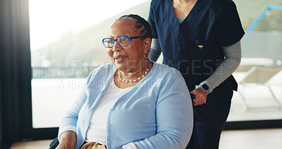 Buy stock photo Support, nurse and old woman in house with wheelchair, assistance and trust in disability care. Happy, healthcare and caregiver in home with mobility aid, help and empathy for retired patient.