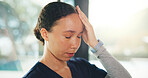 Frustrated woman, nurse and headache with stress for mistake, failure or overworked in home. Tired, female person or caregiver with migraine, fatigue or flare for burnout, mental health or depression