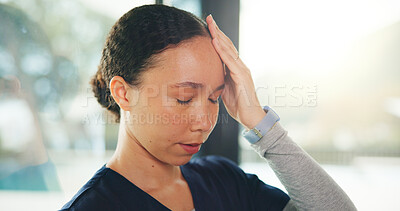 Buy stock photo Frustrated woman, nurse and headache with stress for mistake, failure or overworked in home. Tired, female person or caregiver with migraine, fatigue or flare for burnout, mental health or depression