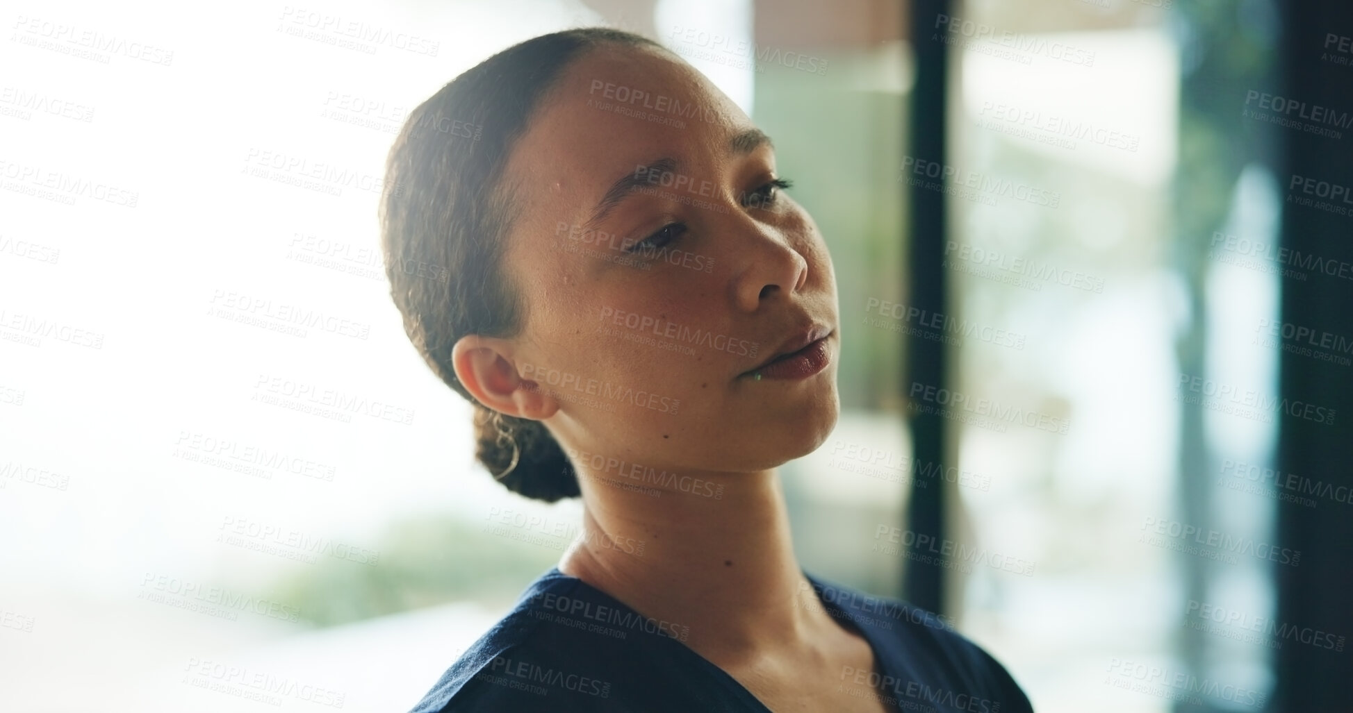 Buy stock photo Thinking, nurse and sad with woman in homecare facility for burnout, tired and reflection. Nursing crisis, medical perspective and mental health with person in retirement home for fatigue and stress