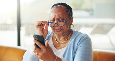 Buy stock photo Old woman, glasses or struggle with phone reading, vision problem or small font size for difficulty. Sad, retirement or elderly person with poor eyesight to view mobile app, blurry text or aging eyes
