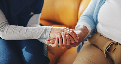 Buy stock photo Nurse, senior woman and holding hands for empathy, wellness and comfort for kindness in home. Trust, elderly person and caregiver together for homecare, support and medical healthcare in retirement