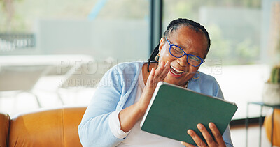 Buy stock photo Video call, wave or old woman in house with tablet, hello or online conversation in living room. Digital, happy or black person in retirement home with tech, communication or connection on chat app.