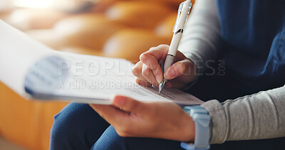 Buy stock photo Nurse, hands and writing with documents for medical prescription or diagnosis in home. Closeup, caregiver or taking notes with clipboard for medication checklist, patient history or health insurance