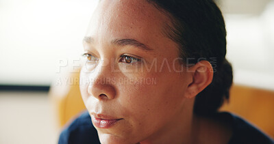 Buy stock photo Thinking, nurse and worry with woman in homecare facility for burnout, tired and reflection. Nursing crisis, medical perspective and mental health with person in hospice care for fatigue or stress