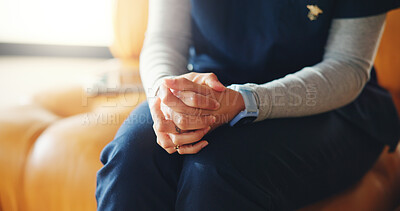 Buy stock photo Nurse, hands or caregiver with regret, doubt or nervous for medical news or health procedure. Closeup, doctor or stress with anxiety for healthcare support, decision or recovery in rehabilitation