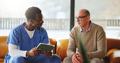 Buy stock photo Tablet, checkup and nurse with mature man on sofa in home for diagnosis, discussion or treatment plan. Digital technology, consultation and medical caregiver with male patient in house for research.
