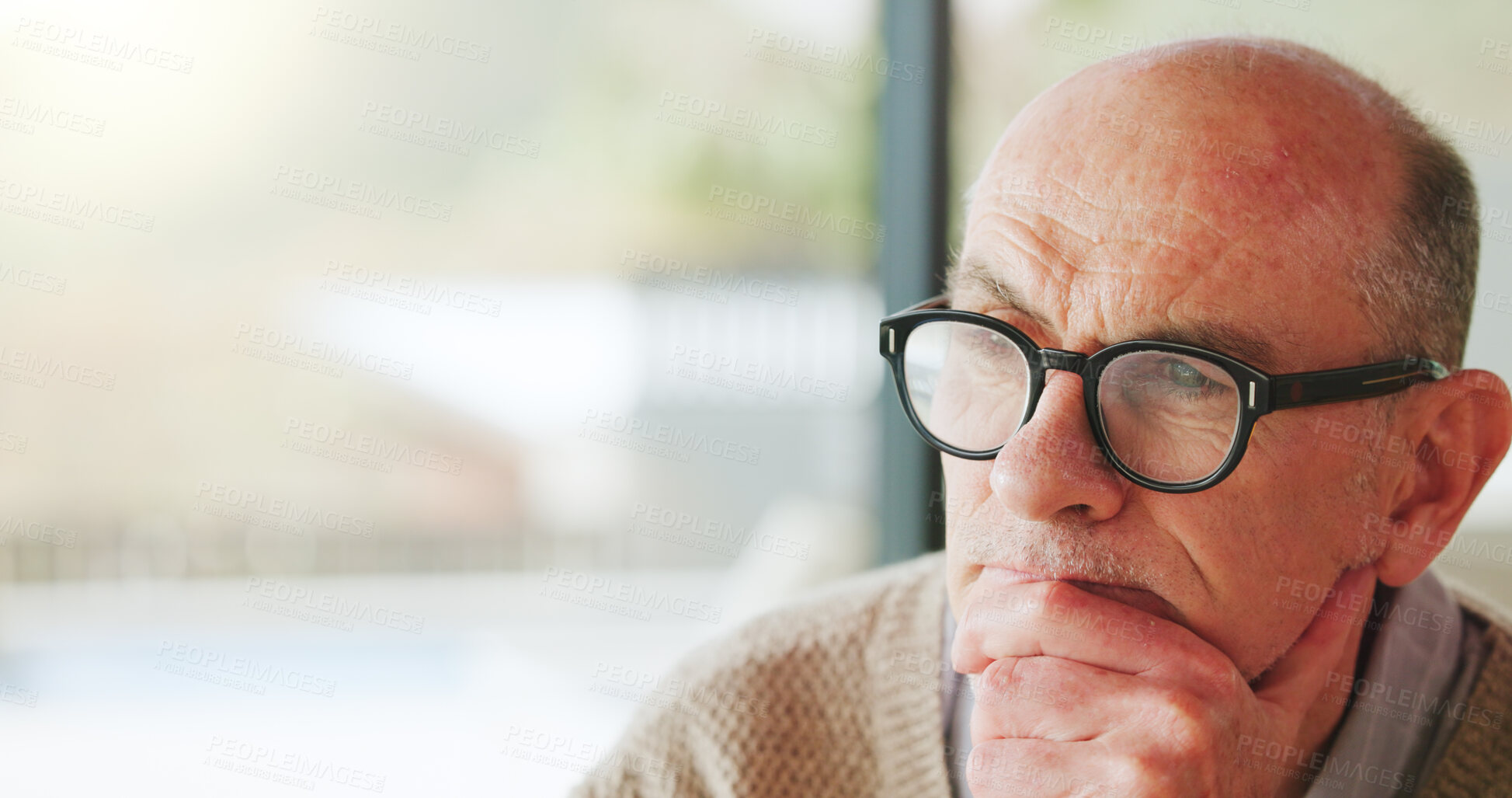 Buy stock photo Home, thinking and senior man with decision, remember and nostalgia with contemplation. Apartment, pensioner or mature person with glasses, past reflection or memory with choice, retirement or wonder