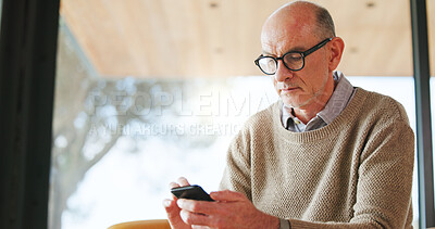 Buy stock photo Reading, glasses and old man with smartphone, home and browsing article on social media and website. Scroll, news and senior person with mobile app for story, vision and eyewear for eyesight in house